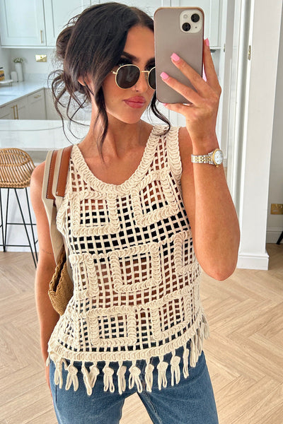 Cassie Beige Crochet Tassel Vest Top