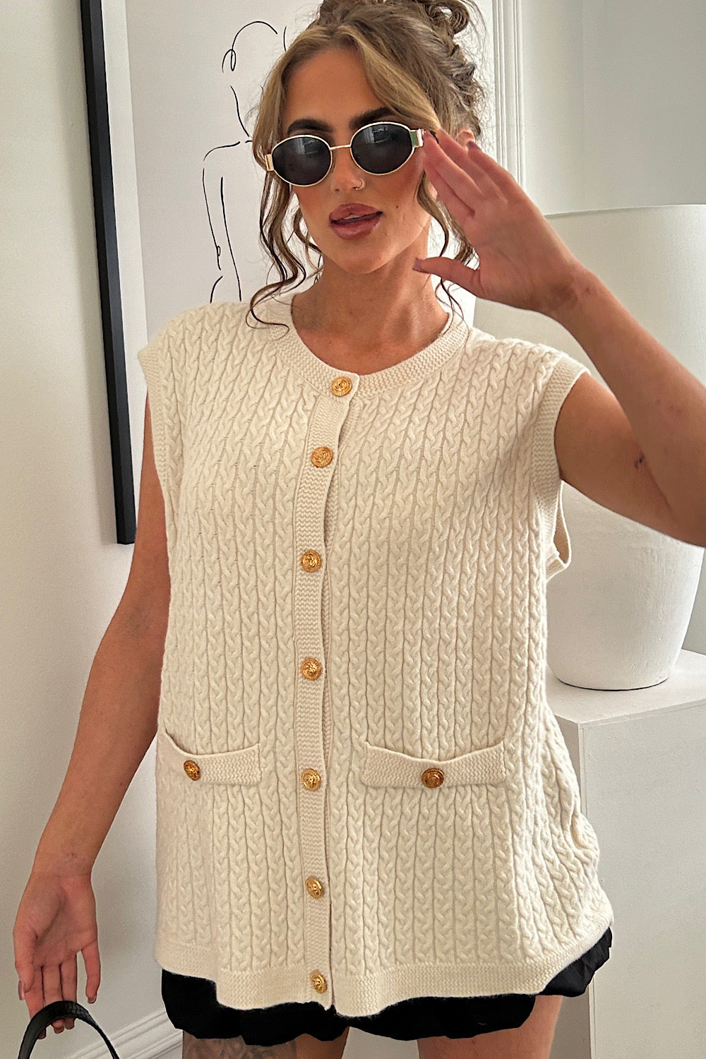 Macy Cream Cable Knit Sleeveless Waistcoat