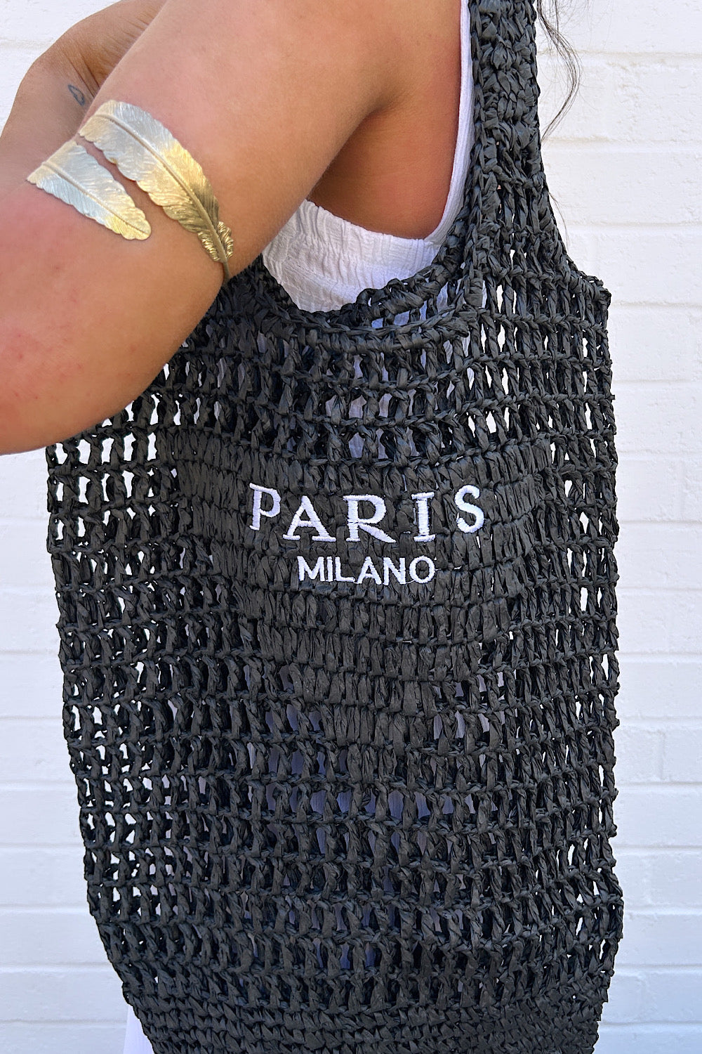 Paris Milano Black Crochet Straw Tote Bag