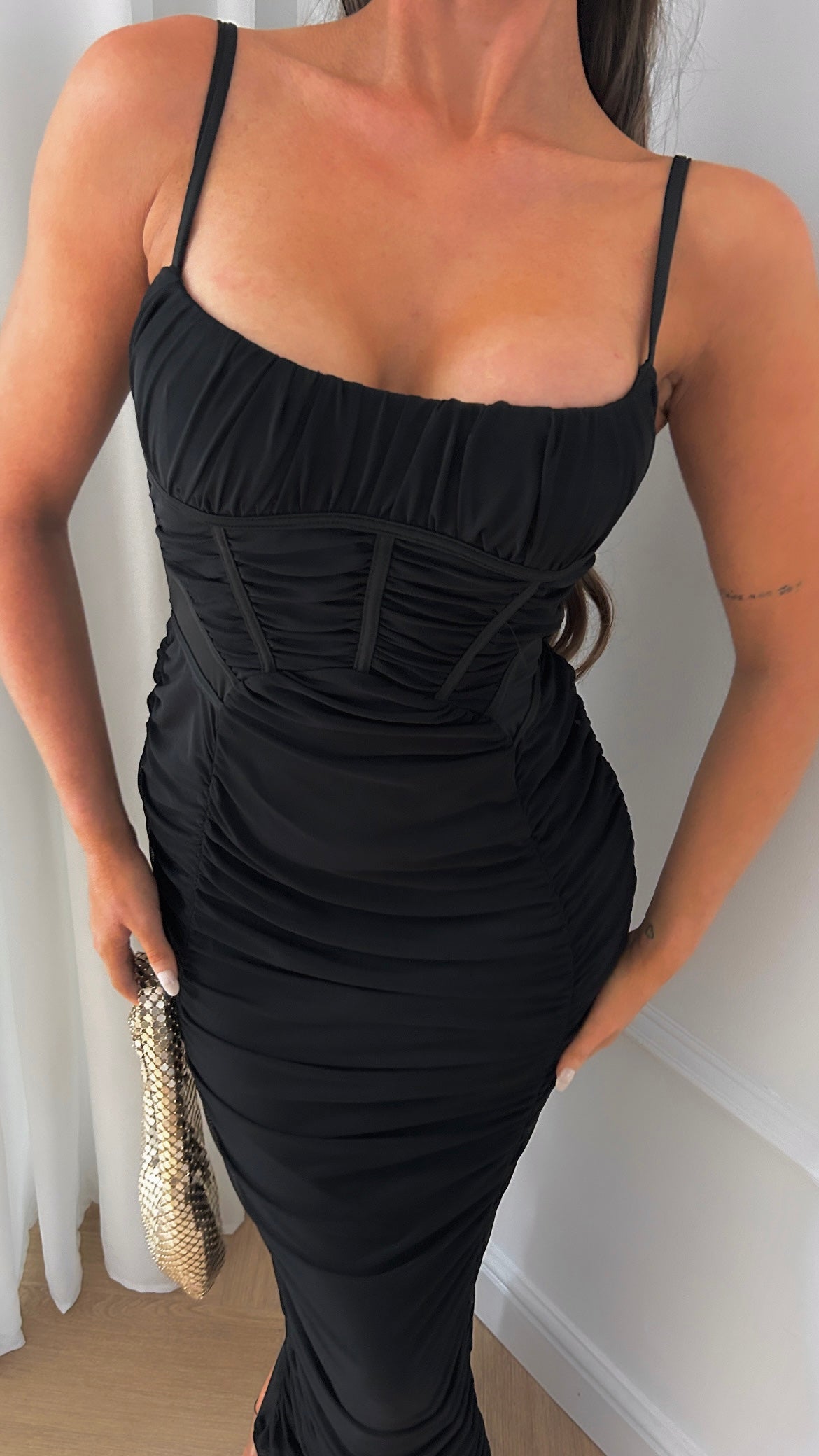 Faith Black Mesh Corset Maxi Dress