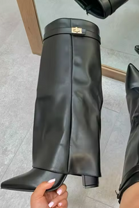 Black Faux Leather Fold Over Knee High Boots