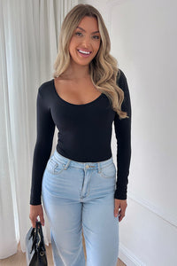 Capri Black Ribbed Long Sleeve Contoured Bodysuit