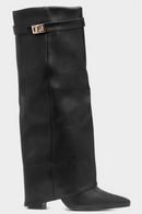 Black Faux Leather Fold Over Knee High Boots