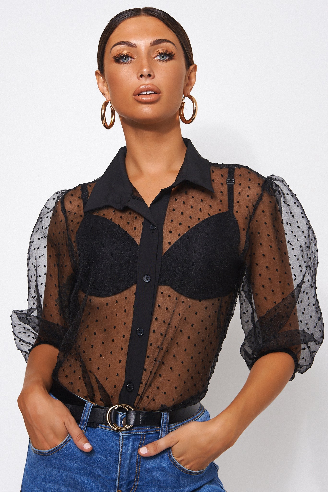 Black Dobby Mesh Blouse