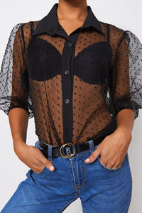 Black Dobby Mesh Blouse