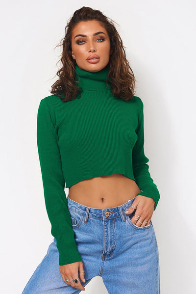 Green Crop Polo Neck Jumper