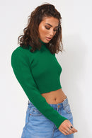 Green Crop Polo Neck Jumper