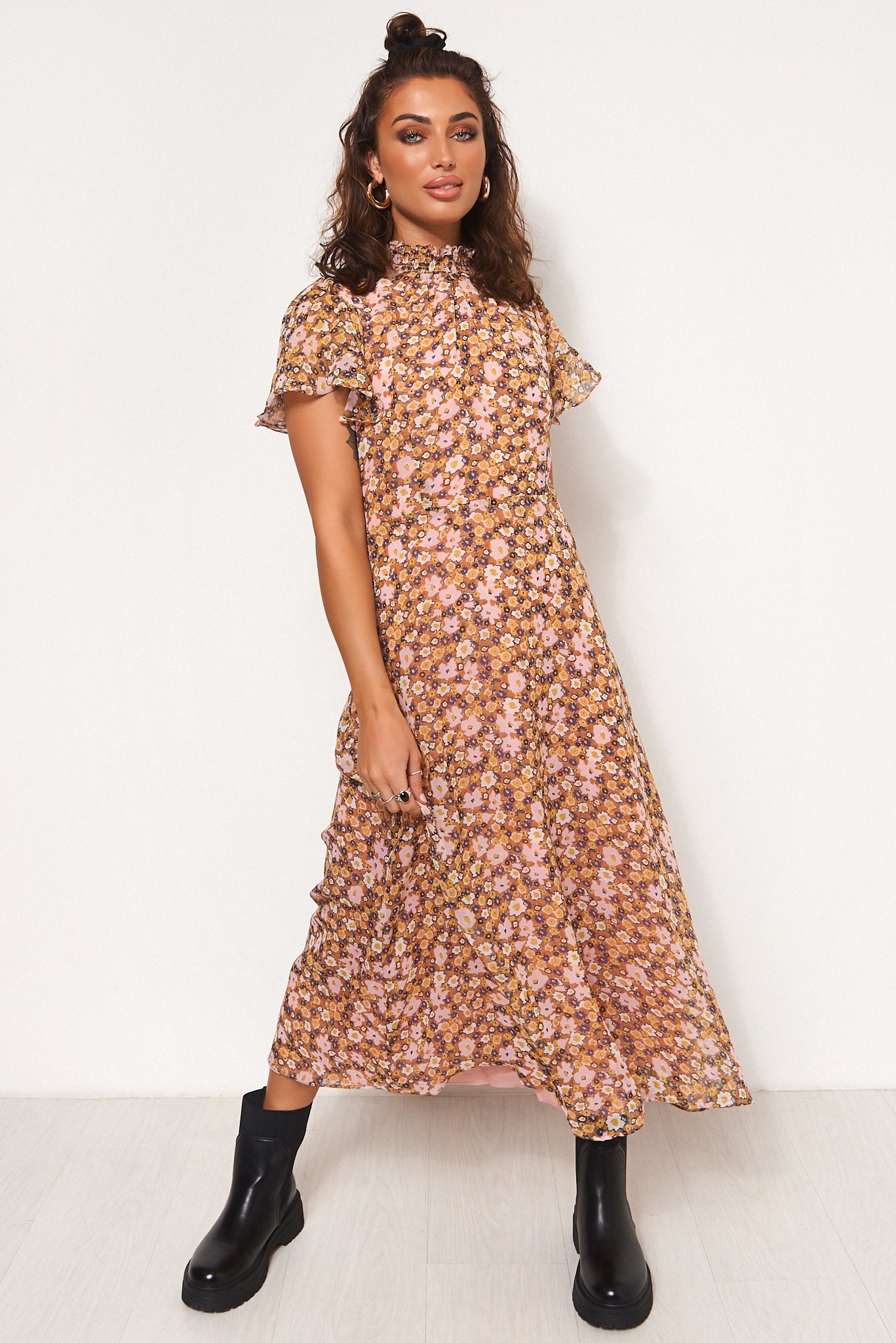 Blake Pink Floral Cape Sleeve Midi Dress