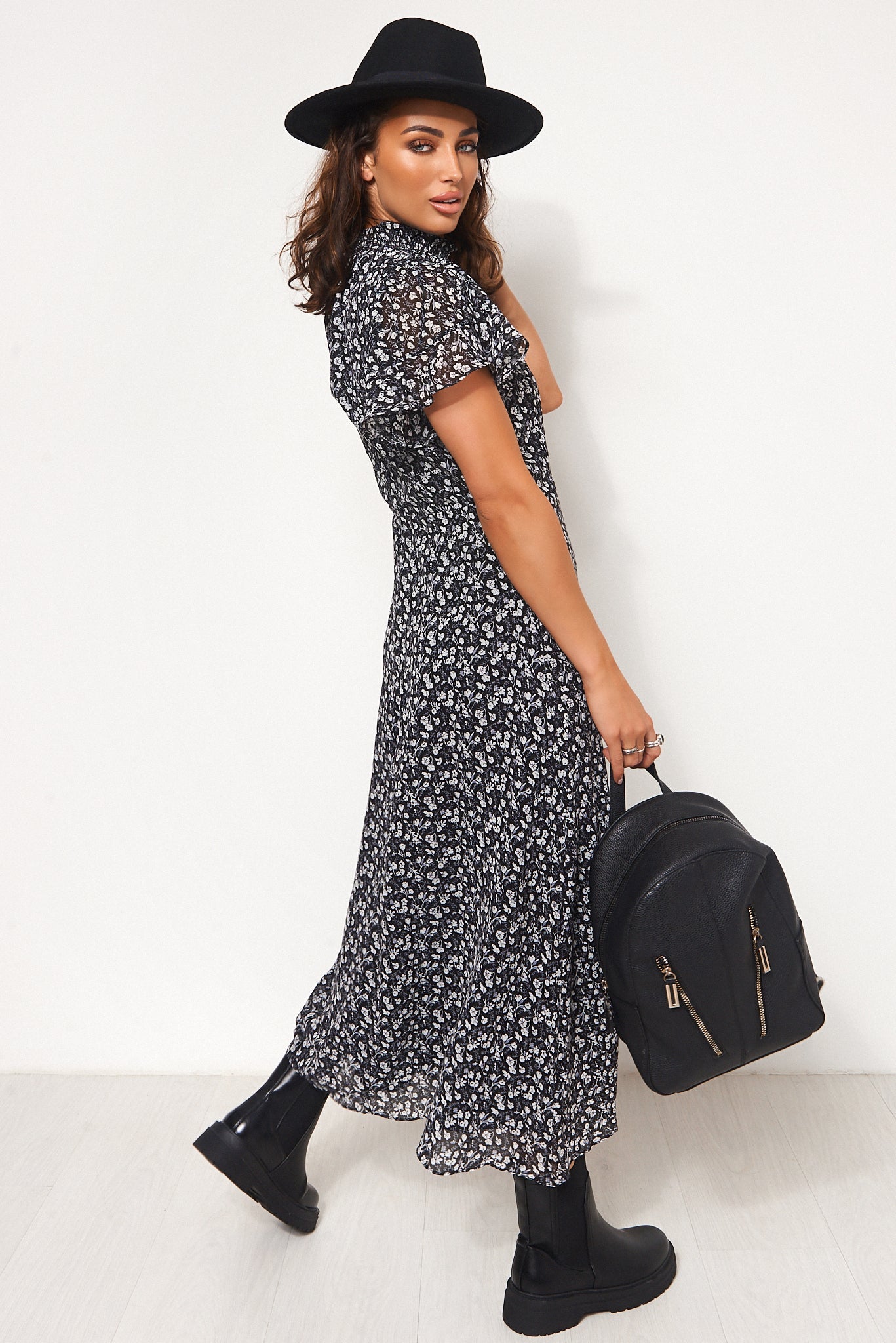 Blake Blue Floral Cape Sleeve Midi Dress