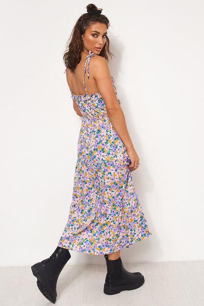 Lilac Floral Strappy Tie Shoulder Midi Dress