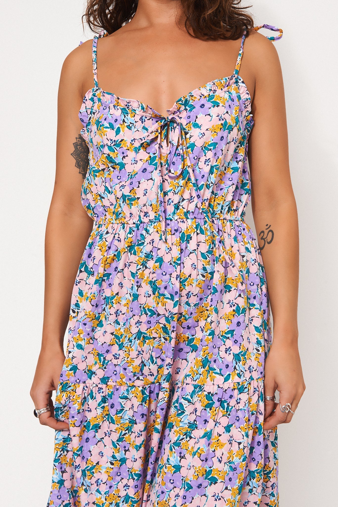 Lilac Floral Strappy Tie Shoulder Midi Dress