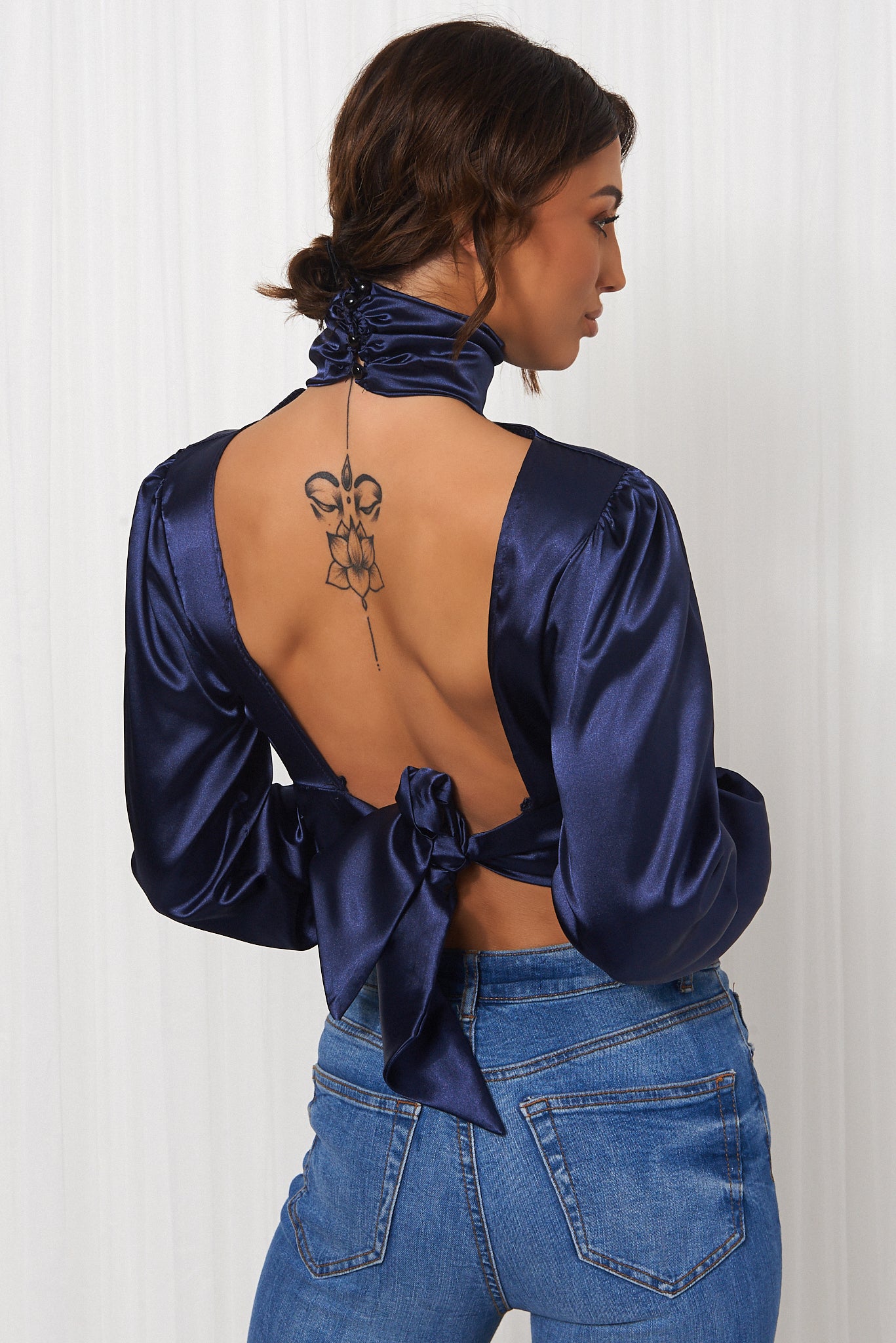 Blue Satin High Neck Blouse