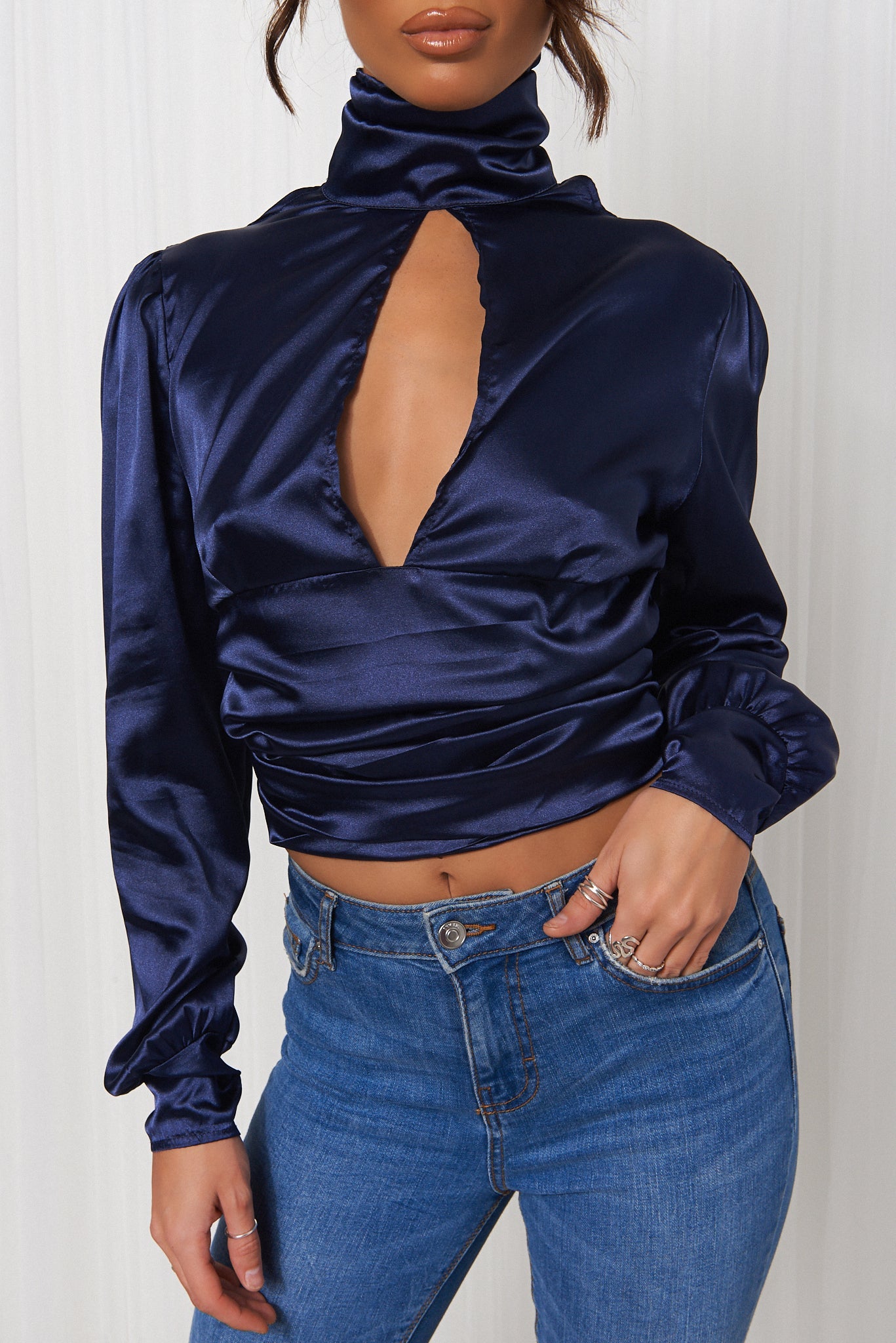 Blue Satin High Neck Blouse