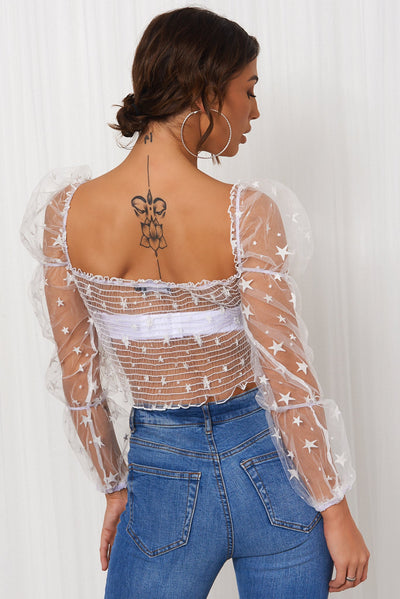 White Star Print Puff Sleeve Crop Top