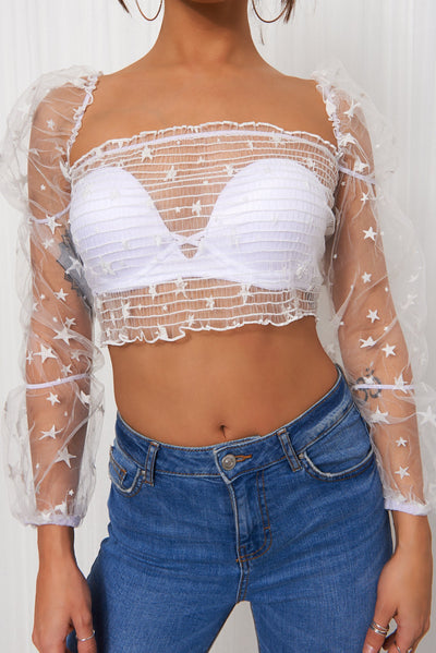 White Star Print Puff Sleeve Crop Top