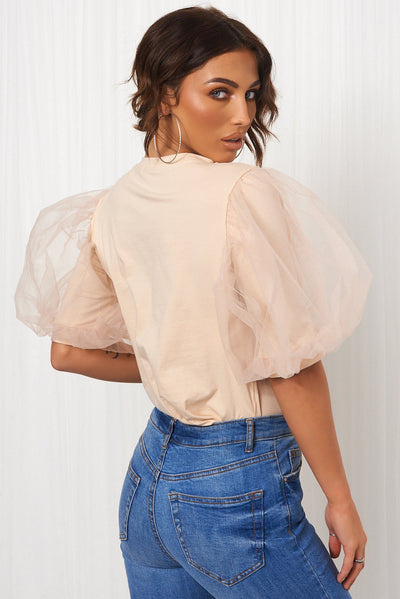 Beige Organza Puff Sleeve T-Shirt