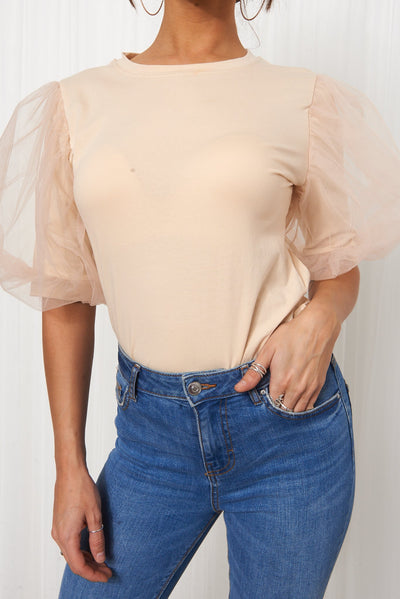 Beige Organza Puff Sleeve T-Shirt