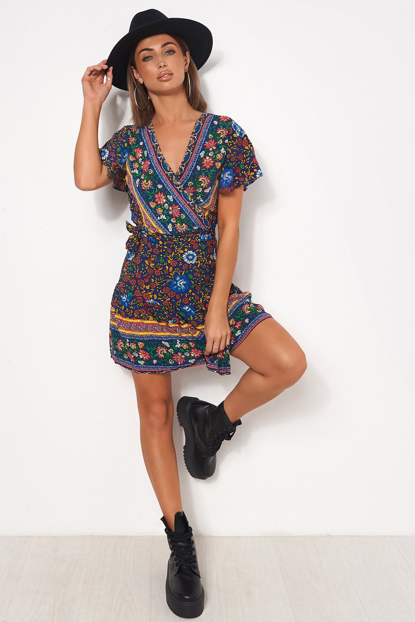 Tiki Navy Floral Wrap Dress