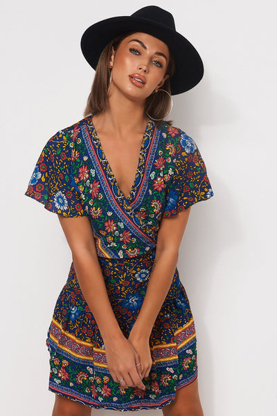 Tiki Navy Floral Wrap Dress