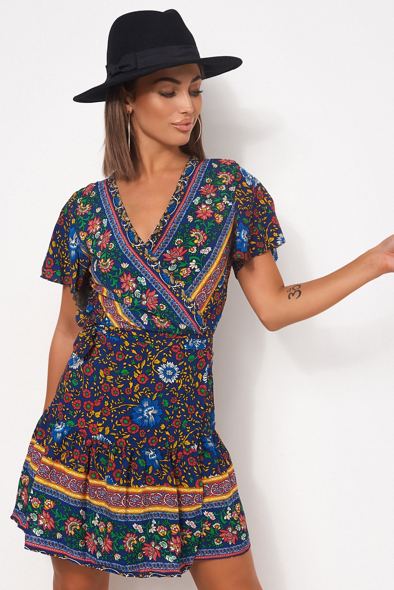 Tiki Navy Floral Wrap Dress