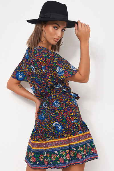 Tiki Navy Floral Wrap Dress