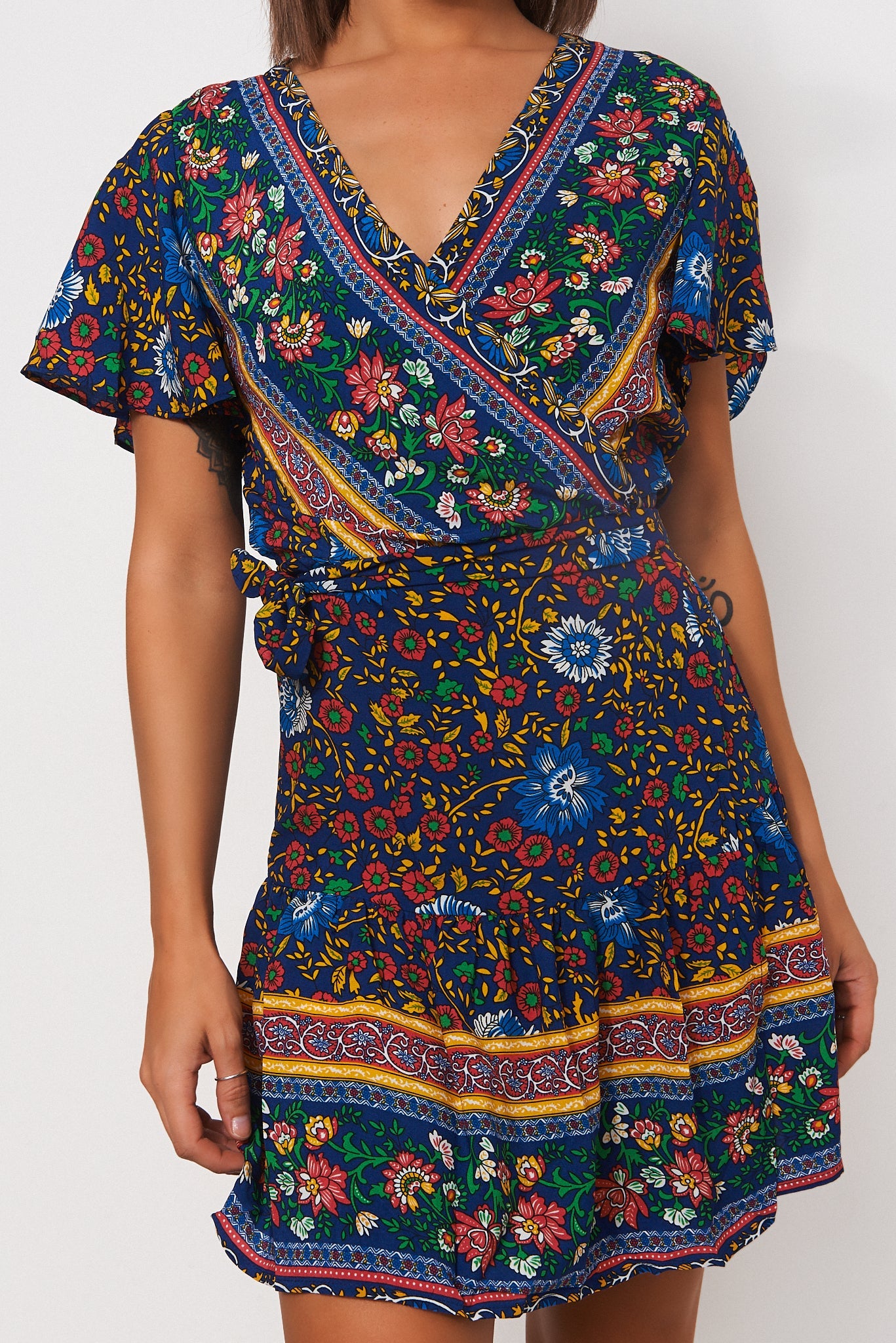 Tiki Navy Floral Wrap Dress