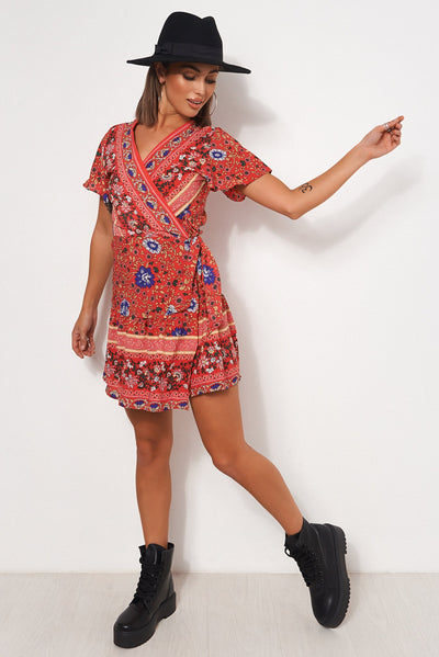 Tiki Red Floral Wrap Dress