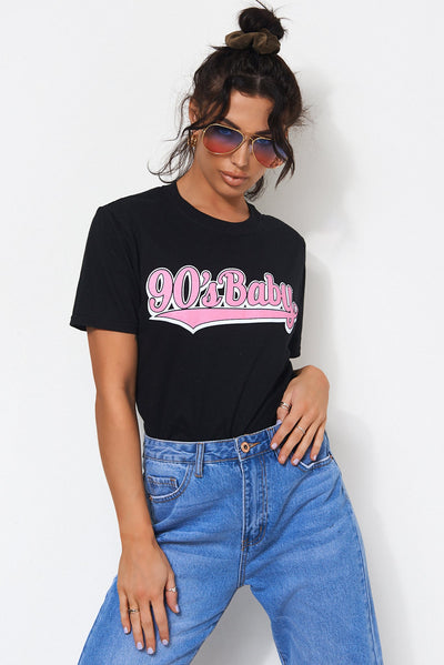 90s Baby Black Oversized Slogan T-Shirt