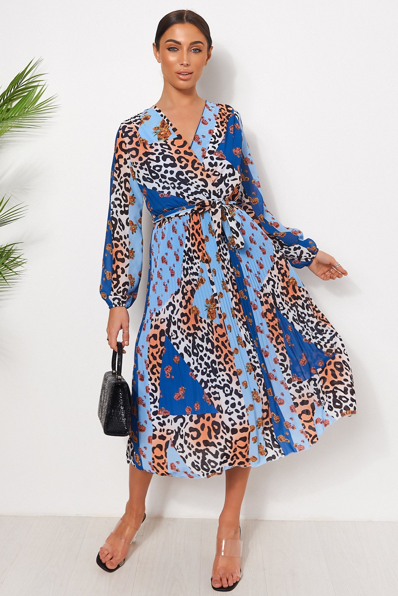 Blue Floral Leopard Print Midi Dress