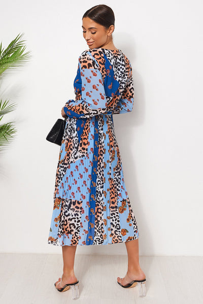 Blue Floral Leopard Print Midi Dress