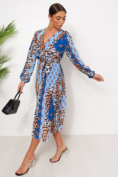 Blue Floral Leopard Print Midi Dress