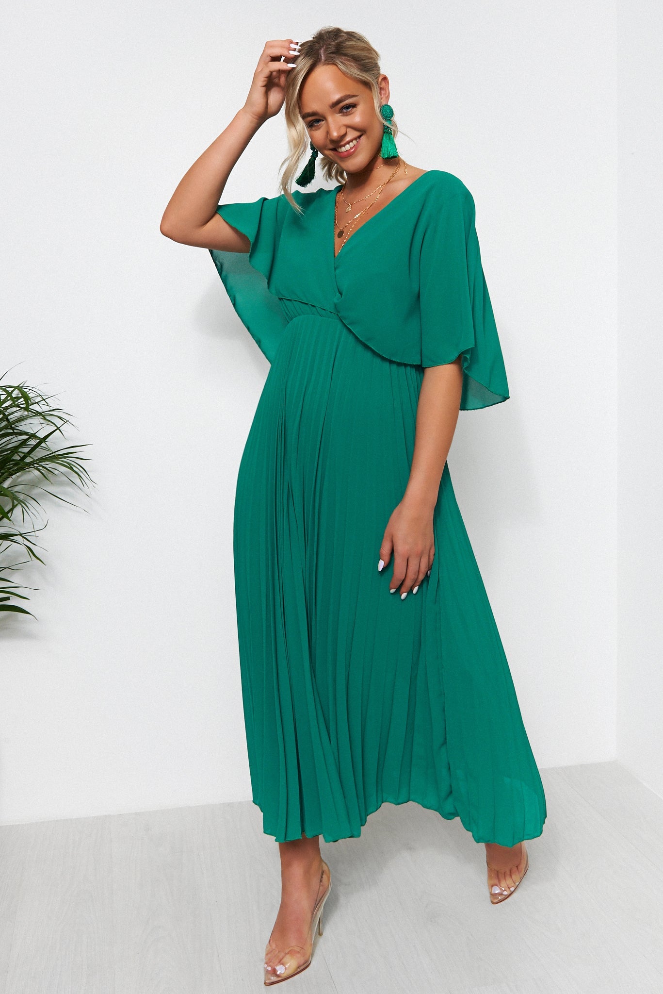 Tama Green Cape Sleeve Maxi Dress