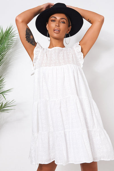 Kiya White Broderie Anglaise Smock Dress