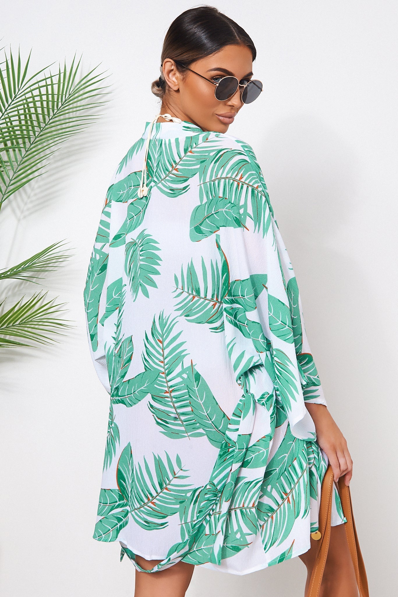 Green & White Palm Print Wrap Kimono