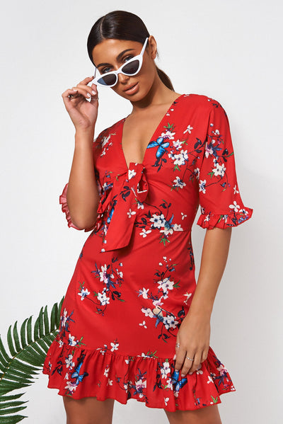 Mia Red Floral Frill Mini Dress