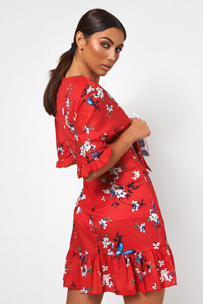 Mia Red Floral Frill Mini Dress