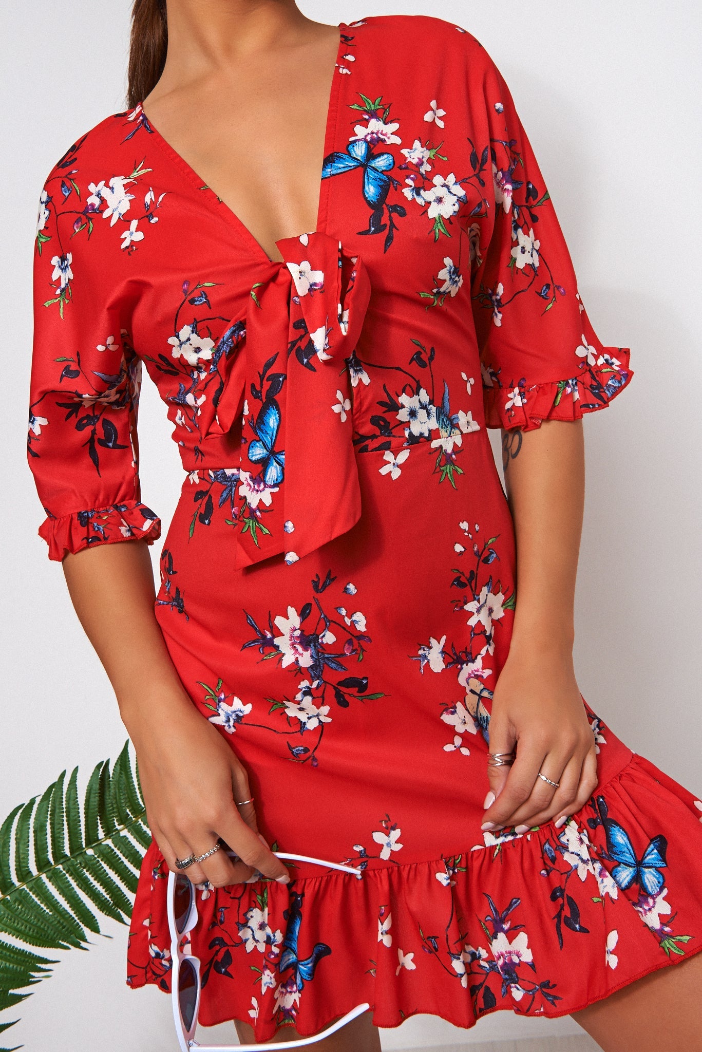 Mia Red Floral Frill Mini Dress