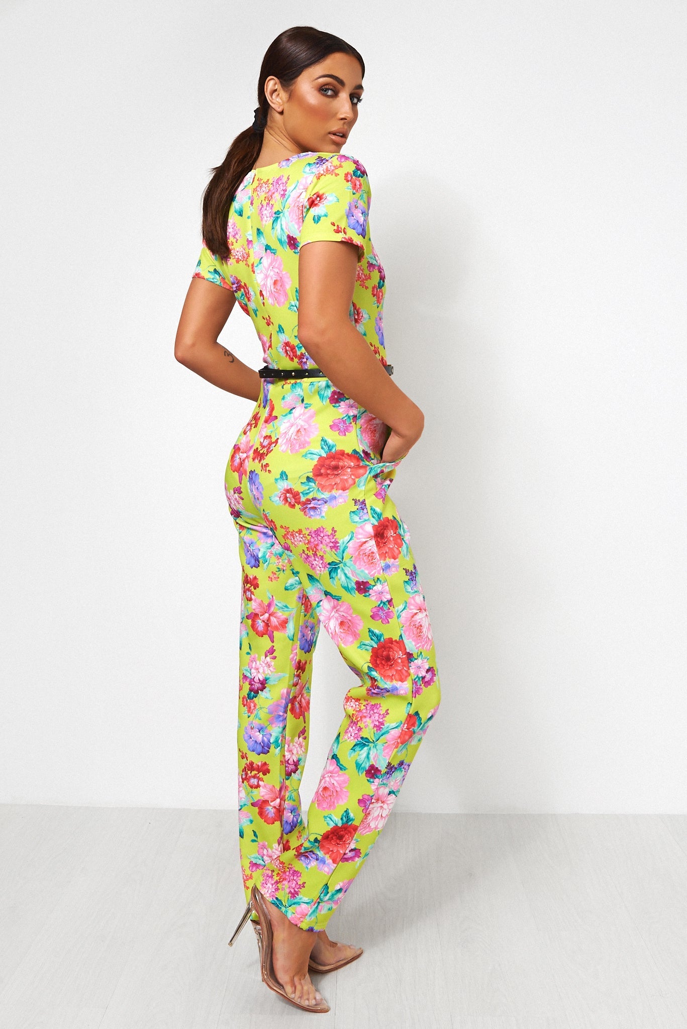 Neon Green Floral Gold Belted Jumpsuit