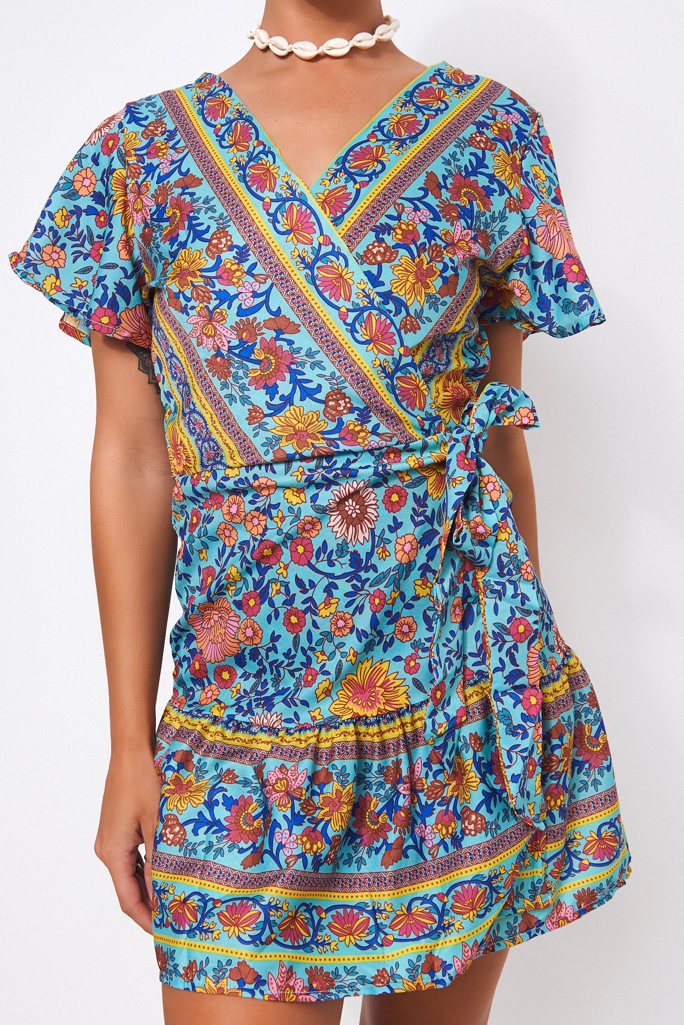 Tiki Turquoise Floral Wrap Dress