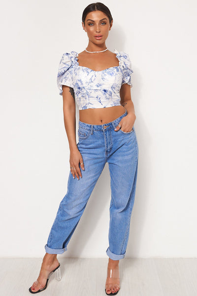 China Print Puff Sleeve Crop Top