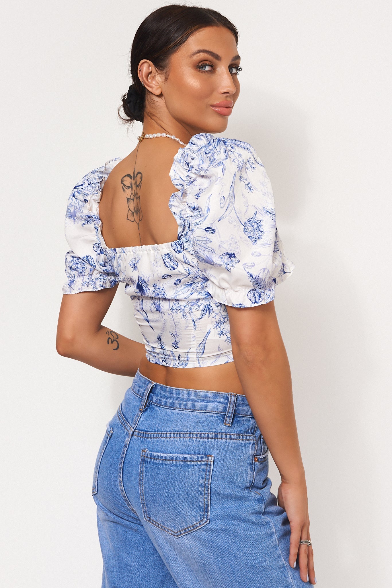 China Print Puff Sleeve Crop Top