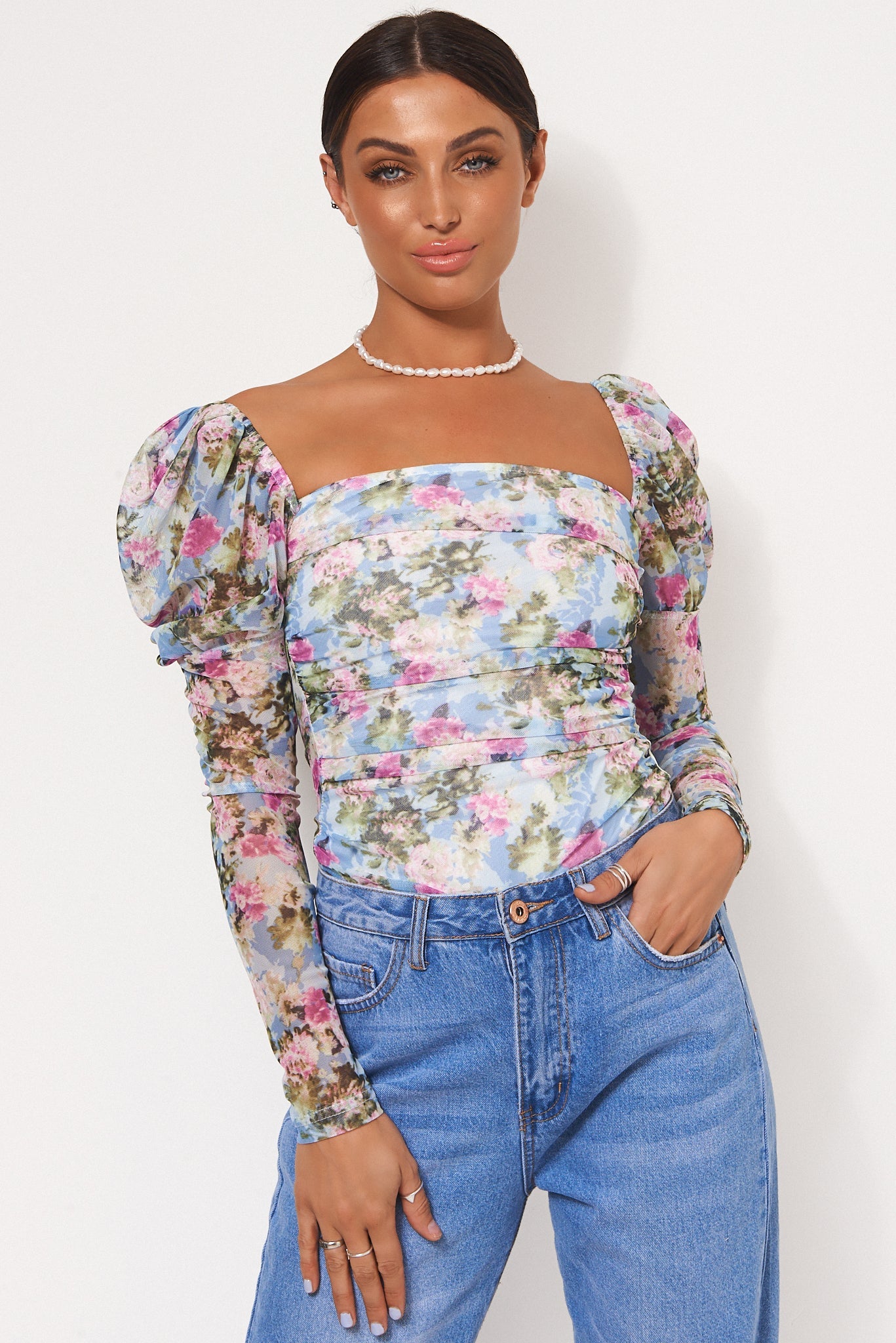 Blue Floral Puff Sleeve Bodysuit