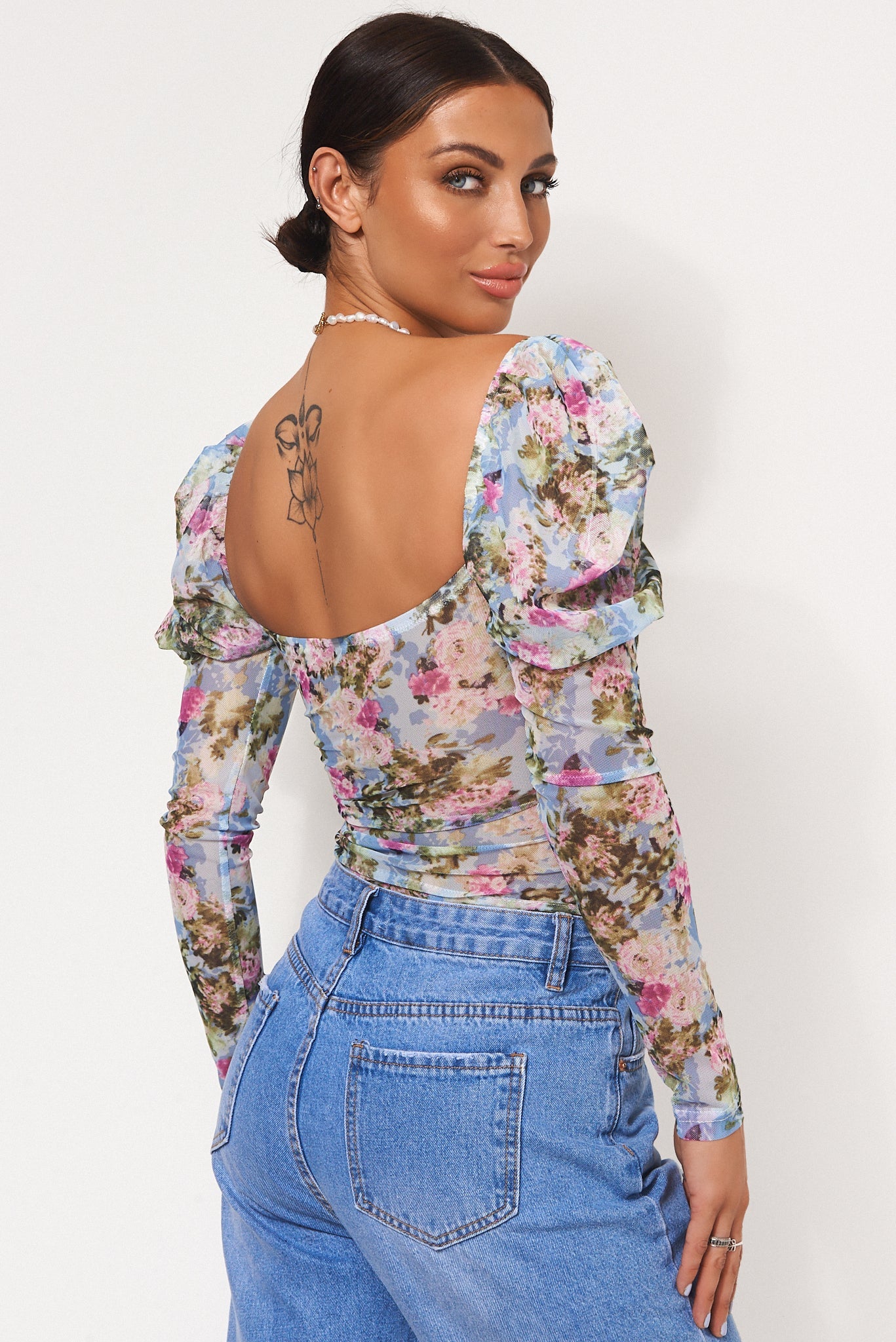 Blue Floral Puff Sleeve Bodysuit