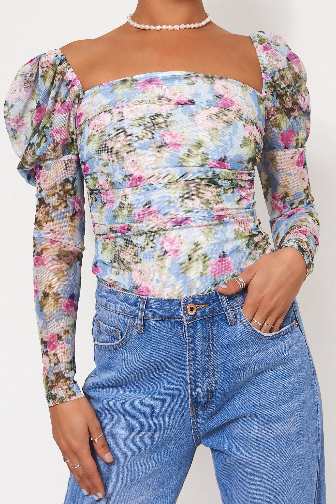 Blue Floral Puff Sleeve Bodysuit