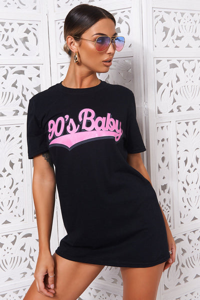 90s Baby Black & Pink Oversized Slogan T-Shirt