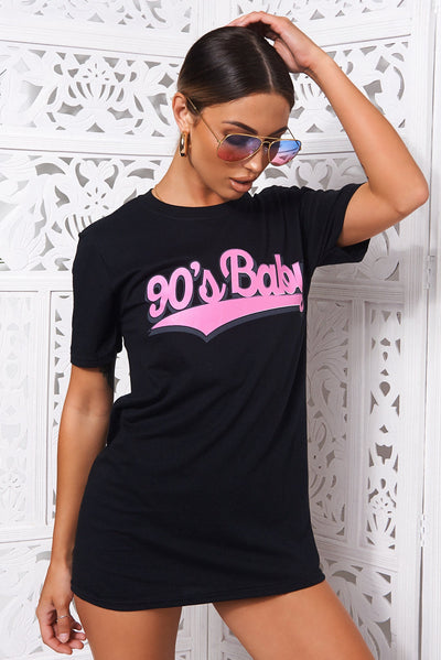 90s Baby Black & Pink Oversized Slogan T-Shirt