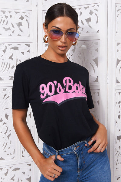 90s Baby Black & Pink Oversized Slogan T-Shirt