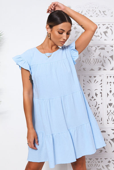 Monet Blue Frill Smock Dress