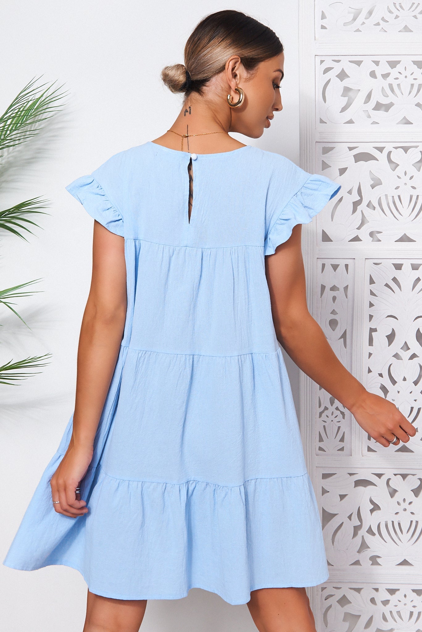 Monet Blue Frill Smock Dress