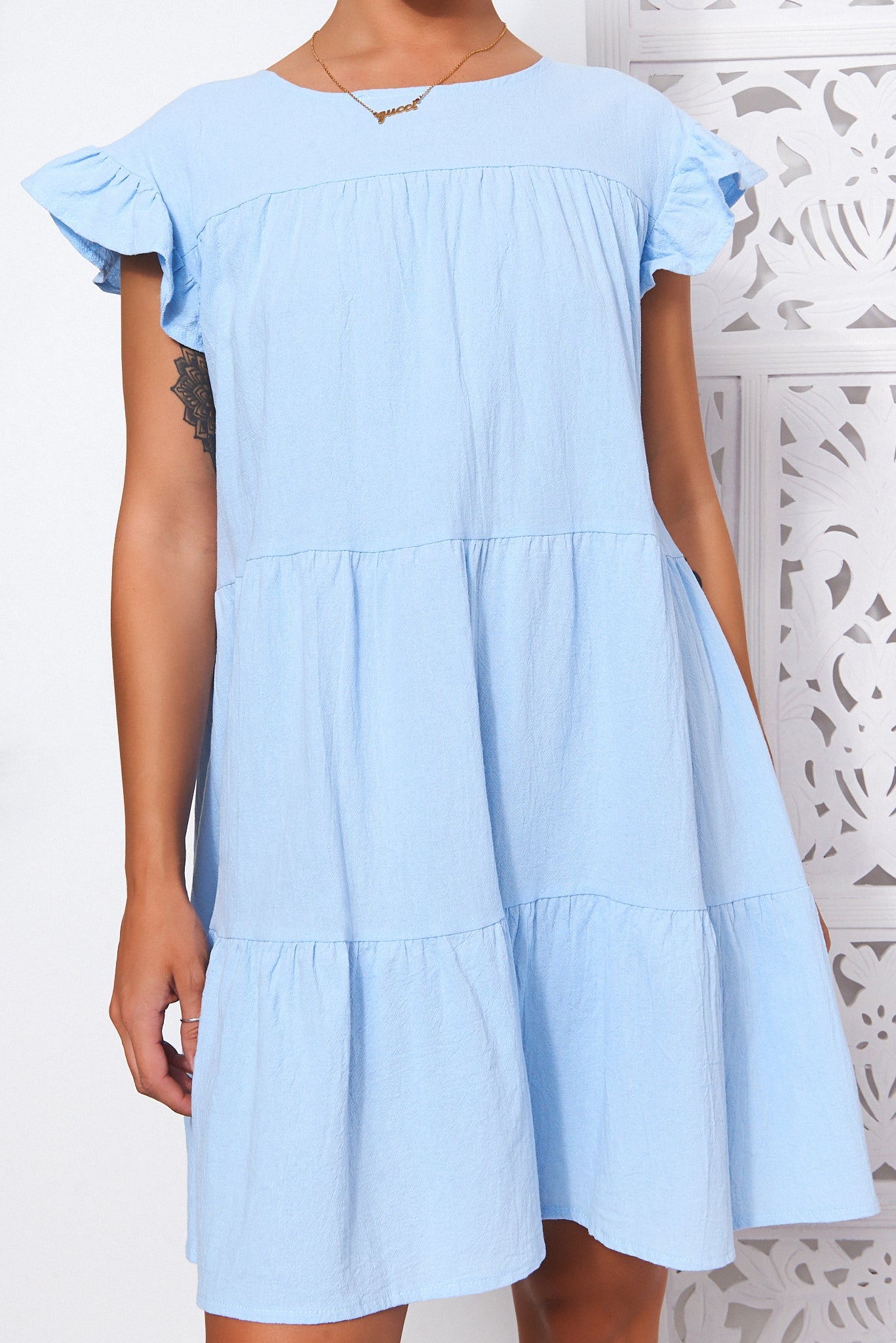 Monet Blue Frill Smock Dress